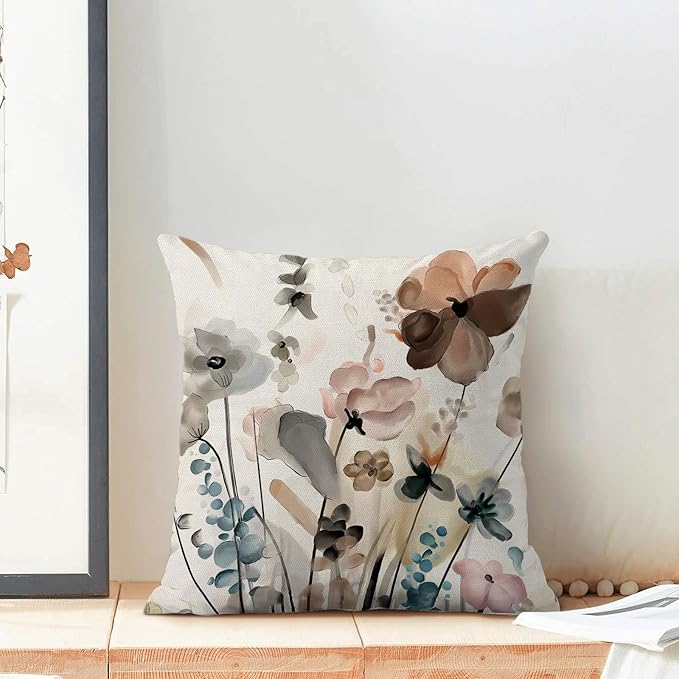 CXMEIFLY Spring Floral Pillow Covers 18 x 18 Inch Set of 2 for Watercolor Flowers Decor Throw Pillows Teal Brown Leaves Plant Floral Outdoor Decorative Cushion Cases for Couch Bed Decorations