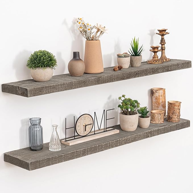 Floating Shelves Reclaimed Barnwood, 8" Deep Solid Wood Floating Shelf Wall Hanging Shelves with Invisible Heavy-Duty Metal Bracket | Wall Mounted | Farmhouse Style | 40 inches,2PCS,Grey