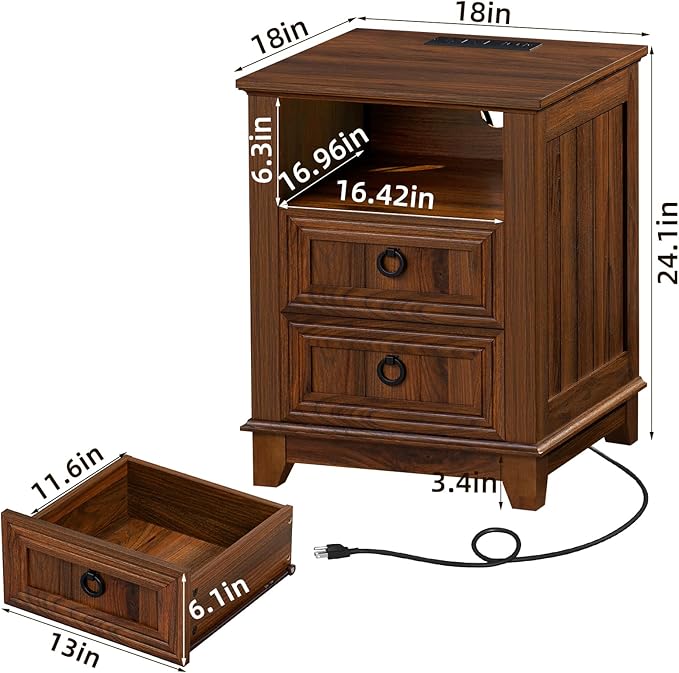18" Farmhouse Night Stands Set of 2 with Charging Station, 2 Drawers End Table Dresser for Bedroom, Brown Wooden Nightstand, Bed Side Table with Open Shelf, Bedside Cabinet for Living Room