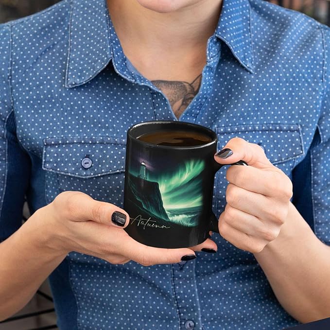 Customized Name Black Coffee Mug, Personalized Beautiful Northern Lights And Lighthouse Mug, Custom Mystical Ocean View Ceramic Cup, Gift For Women Men, Nature Themed Mug 11oz 15oz