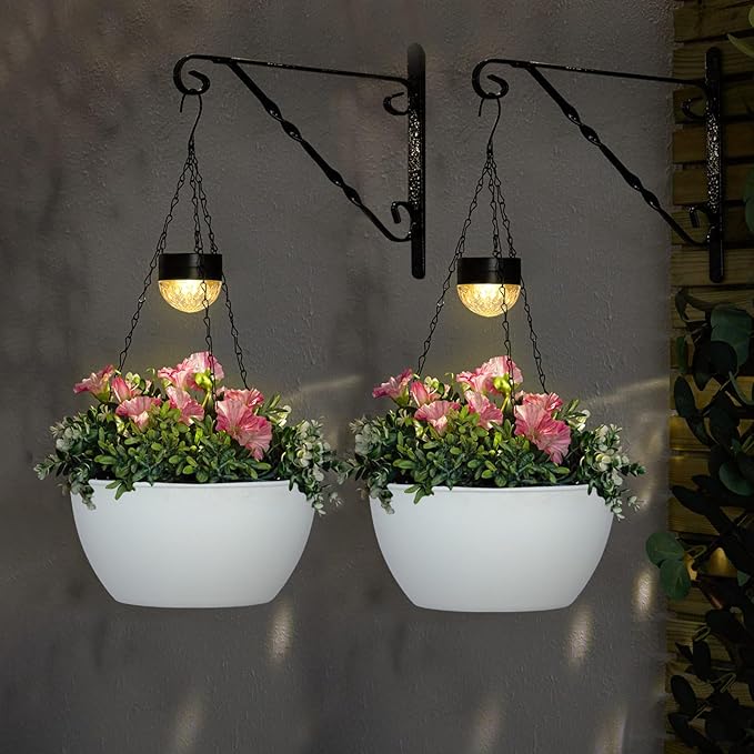 2 Packs Solar Hanging Basket Planters for Plants Outdoor, Self Watering White Flower Plants Pots with Solar Light Drainer for Balcony Patio Garden Outdoor Decoration