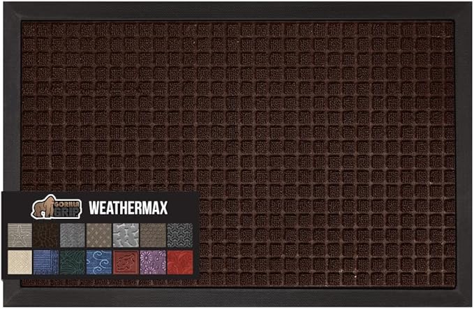 GORILLA GRIP 100% Waterproof All-Season WeatherMax Doormat, 60x24, US Designed Natural Rubber, Stain and Fade Resistant, Low Profile Indoor Outdoor Door Mats, Easy Clean Patio Mat, Coffee Squares