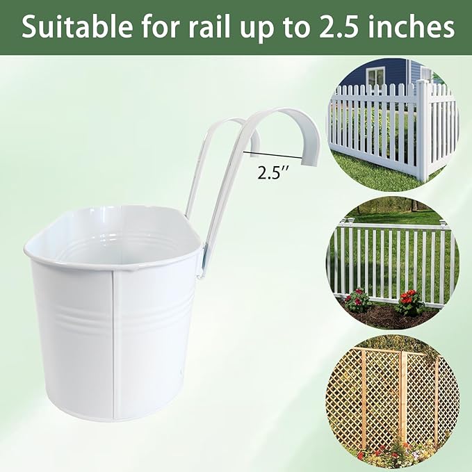 10" Hanging Flower Pots, Pack of 8 White Metal Outdoor Patio Balcony Planter, Railing Planters Fence Pot with Detachable Hook & Drainage Hole for Small Plants (White, 8Pcs)