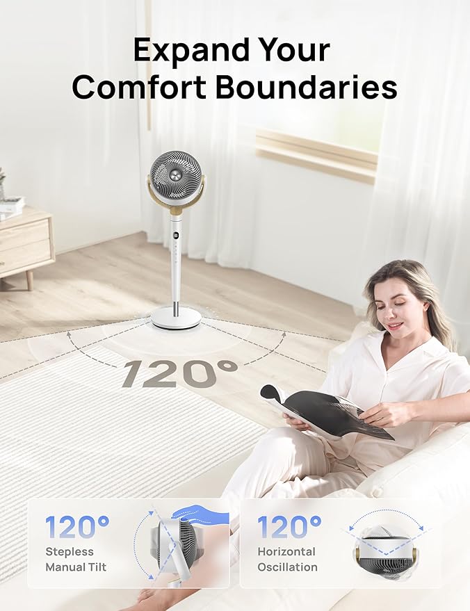 Dreo Fan for Bedroom, 120° Oscillating Standing Fan, Quiet Pedestal Fan with DC Motor, 9 Speeds, 4 modes, 20dB, 120° Manual Vertical, 37-42" Adjustable Height, 9H Timer, White