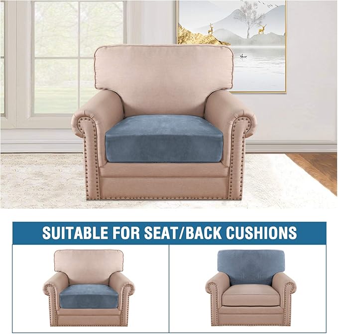 H.VERSAILTEX Velvet Stretch Couch Cushion Cover Plush Cushion Slipcover for Chair Cushion Furniture Protector Seat Cushion Sofa Cover (1 Piece Armchair Cushion Covers, Stone Blue)