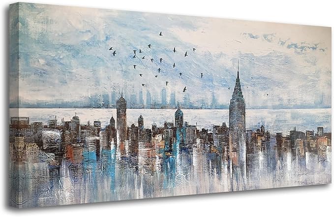 Arjun Cityscape Wall Art New York City Skyline Buildings Picture Modern Abstract Grey NYC Skyline Birds Painting Framed Artwork for Bedroom Living Room Bathroom Home Office Decor, Large Size 40"x20"