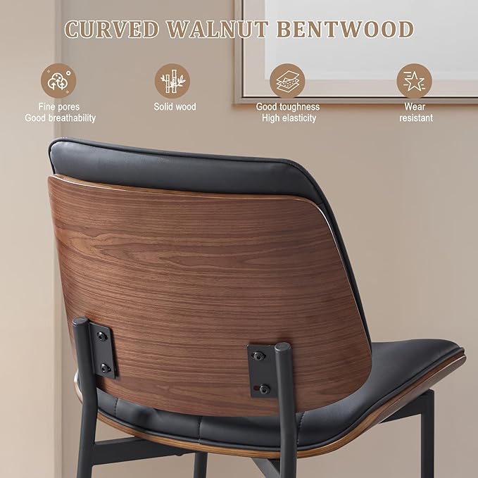 BV Mid Century Modern Dining Chairs Set of 2, Upholstered Pu Leather Accent Chair with Walnut Bentwood Back, Armless Kitchen Chair for Dining Room, Living Room, Kitchen, Black