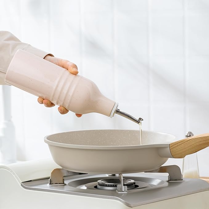 famiware Jupiter 16oz Ceramic Olive Oil Dispenser Bottle, Olive Oil and Vinegar Dispenser Bottle Set of 2 with Stainless Steel Pourers, Suitable for Storage Vinegar, Liquids, Light Pink