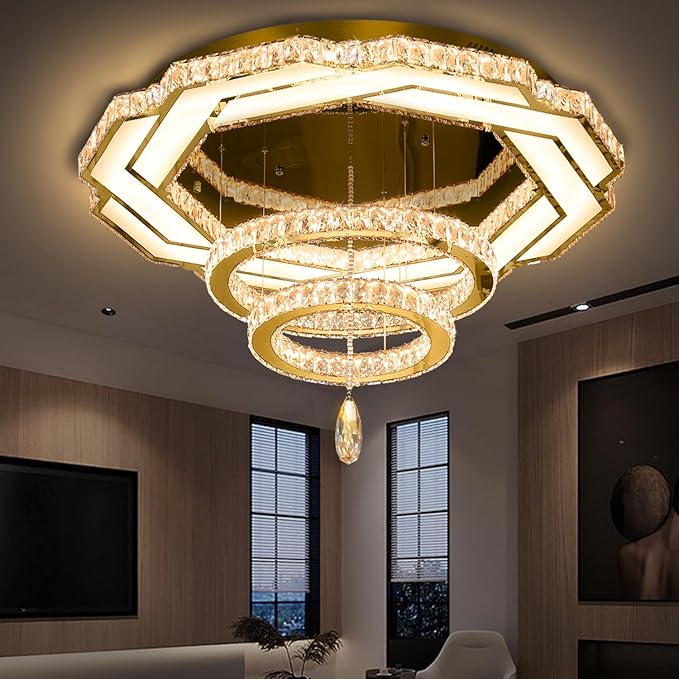 Flashing God Crystal Chandeliers Dia 32" Gold Chandelier Flush Mount Ceiling Light for Bedroom Living Room Dining Room Hallway Dimmable 3 Rings LED Celing Lighting Fixtures