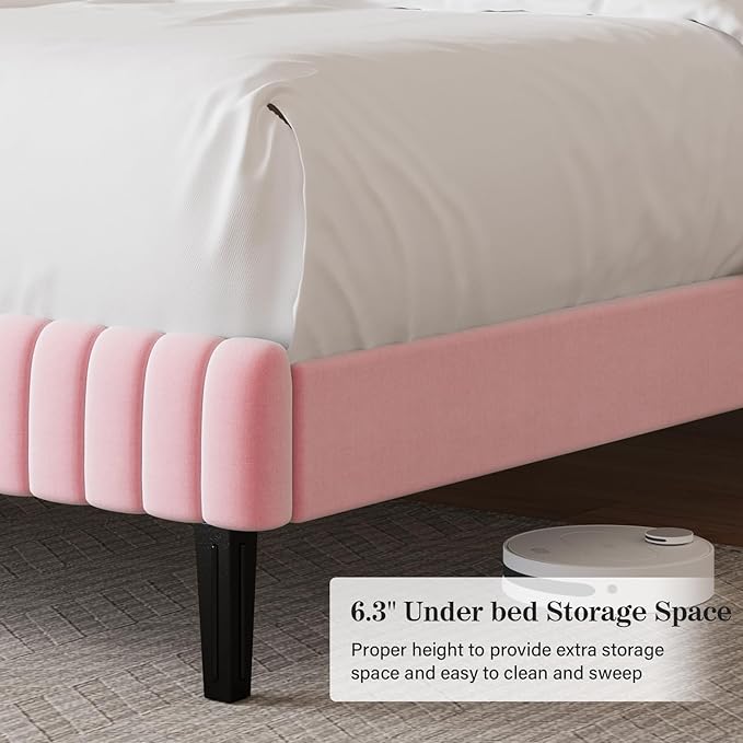 Full Size Bed Frame with Headboard, Velvet Upholstered Platform Bed with Vertical Channel Tufted Design, No Box Spring Required, Easy Assembly, Pink