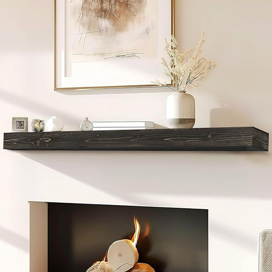 72x8x3 Fireplace Mantel - Handcrafted Hollow Rustic Solid Wood Wall Mounted Floating Shelf with Invisible Heavy Duty Wood Bracket (Weathered Black)