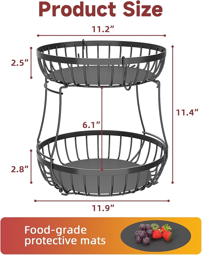2 Tier Fruit Basket for Kitchen Counter with 2 Banana Hangers, 2025 Pro Detachable Metal Fruit Bowl with Wooden Handle,Fruit Holder for Bread Snack Veggies, Black Extra Large