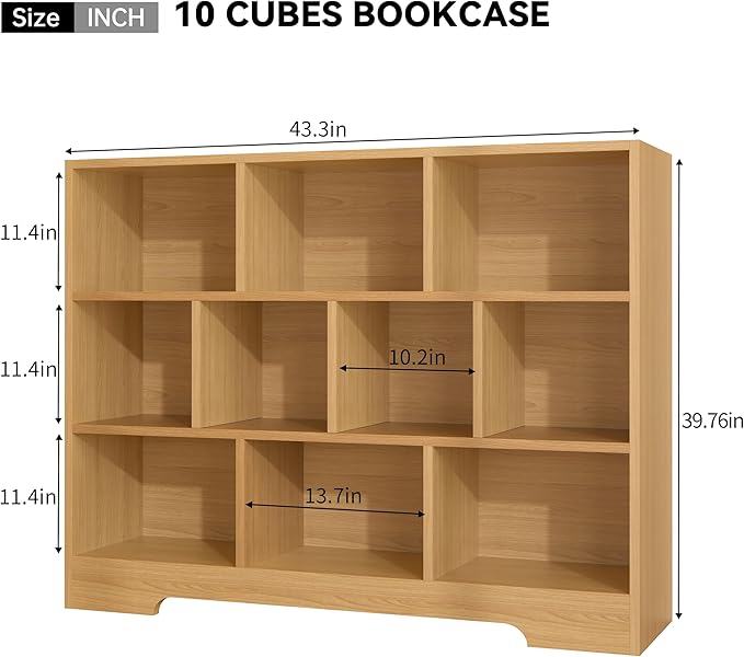 Book Shelf, 10 Cubes Storage Organizer, 3-Tier Open Shelf Wooden Bookcase, Freestanding Wooden Bookshelf Cube Shelf for Bedroom, Living Room