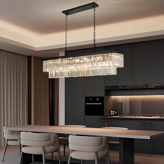 Crystal Chandeliers for Dining Room Light Fixtures Over Table，18-Lights Black Modern Rectangle Chandeliers for Kitchen Island Bar L46 Inch