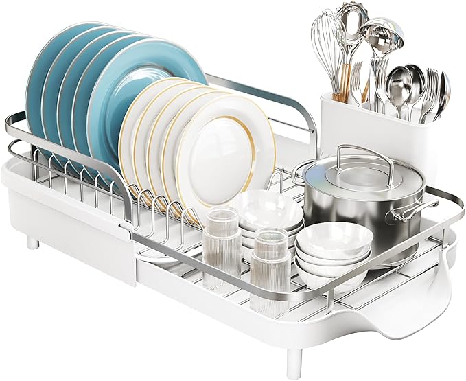 Dish Drying Rack, Expandable Dish Rack for Kitchen Counter, Stainless Steel Dish Drainer with Drainboard Set and Utensil Holder (White)