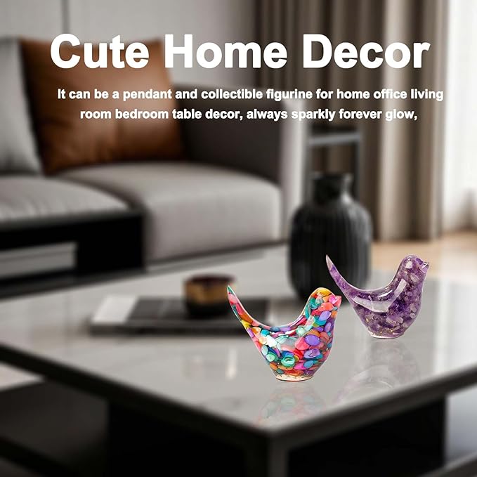 Crystal Bird Figurines, Resin Animal Statues, Miniature Decorative Gravel Birds, Home Decor (2PCS-Purple+Colorful)