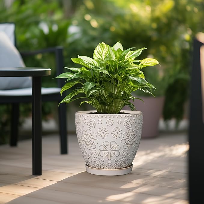 10 Inch Ceramic Planter Pot Large Plant Pot for Indoor Plants Outdoor Round Flower Pot with Drainage Hole and Saucer for Home Garden Decor White