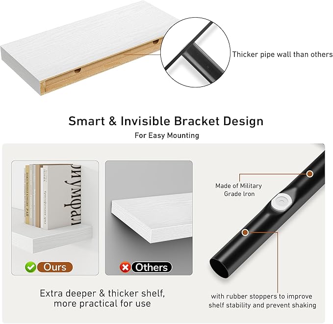 Fun Memories Deep Floating Shelves - 16" W x 9" D x 1.6" H Rustic White Wall Shelf - Wall Mounted Shelves for Storage - Wooden Shelves with Invisible Brackets for Living Room, Farmhouse - Set of 2