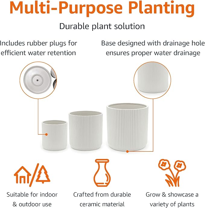 Amazon Basics Assorted Sizes Fluted Ceramic Round Indoor Outdoor Planters with Drainage, Set of 3, Modern Design, 6 inch, 8 inch, 10 inch, White