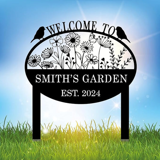 Custom Metal Flower Sign with Stakes - Personalized Garden Decor, Housewarming Gift - Large Yard Sign Plaque