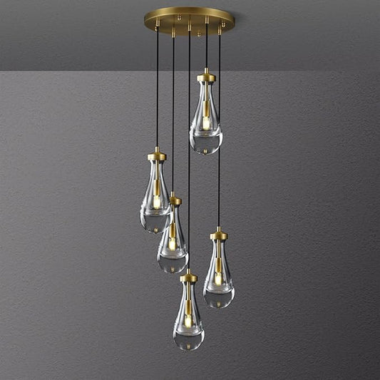 Gold 5 Light Cluster Pendant Lighting, Raindrop Chandeliers Brass Dining Room Lights Fixture, Teardrop Pendant Lights Kitchen Island, Hanging Lamp Ceiling for Entryway Foyer Staircase