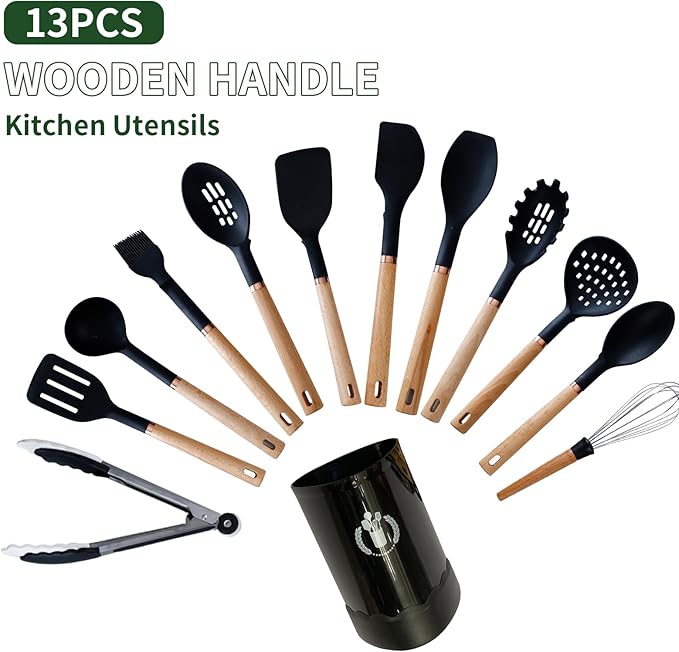 13-Piece silicone utensil set wood handle nonstick cookware safe dishwasher safe kitchen tools BPA free heat resistant (450°F/230°C) ceramic pan safe cooking gifts housewarming (Black)