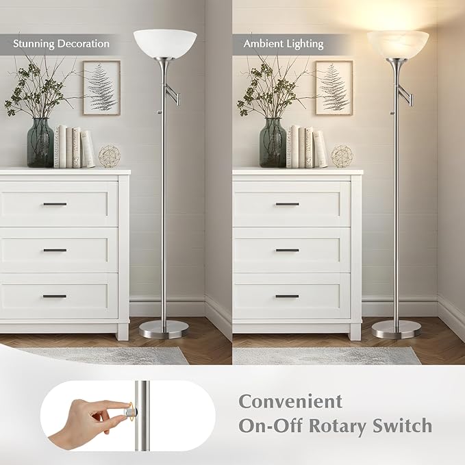 Floor Lamps for Living Room Silver, 70" Tall Standing Lamp with Glass Shade, Bedroom Floor Lamp with 350°Adjustable Swing Arm Lamp, Pole lamp for Bedroom, Living Room, Office, Bulbs Included