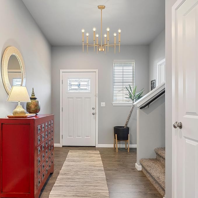 8 Light Gold Chandelier Light Fixture, Modern Farmhouse Chandeliers for Dining Room Light Fixture, Metal Candle Pendant Chandelier for Foyer Entryway Stairs Living Room Bedroom Kitchen