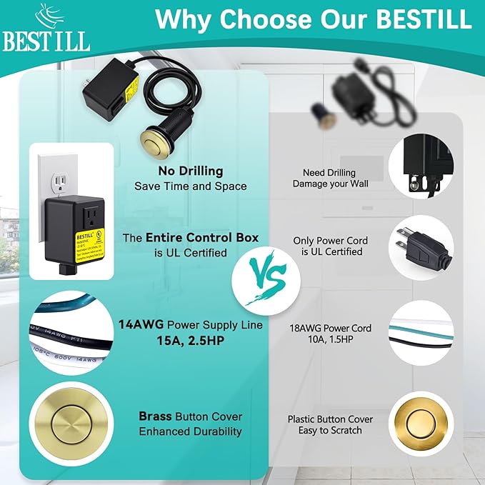 BESTILL Garbage Disposal Air Switch Kit - UL Listed, Cordless Sink Top Switch Button for Waste Disposer, 3.6" Long Push Button with Brass Cover, Brushed Gold, Compatible with all Garbage Disposals