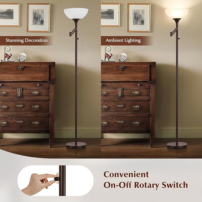 Floor Lamps for Living Room Bronze, 71" Tall Standing Lamp with Glass Shade, Vintage Floor Lamp with 350°Adjustable Swing Arm Lamp, Pole lamp for Bedroom, Living Room, Office, Bulbs Included