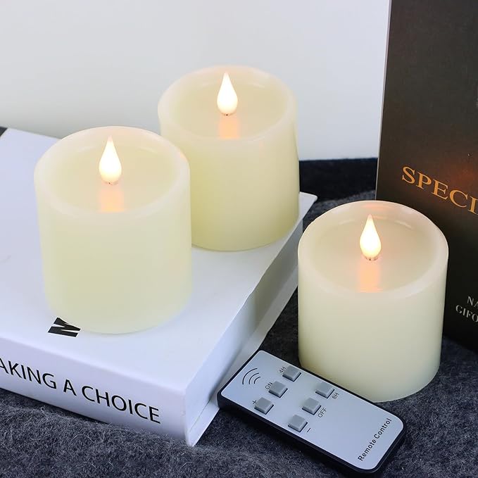 Flameless Candles Battery Operated with Remote Timer, 3D Moving Flame Flickering, Last 600+ Hours Battery Candles, Set of 3 Ivory Real Wax Electric LED Candle, 3" x 3"