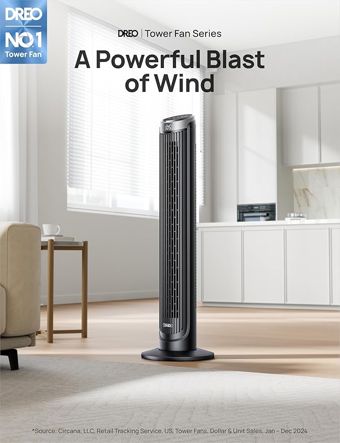 Dreo Tower Fan for Bedroom, 90° Oscillating Fans that Blow Cold Air, 5 Speeds, 4 Modes with 26ft/s Velocity, 12H & 28dB Quiet Timer, Remote, Touch, 40" Standing Floor Fan for Home Office, Black