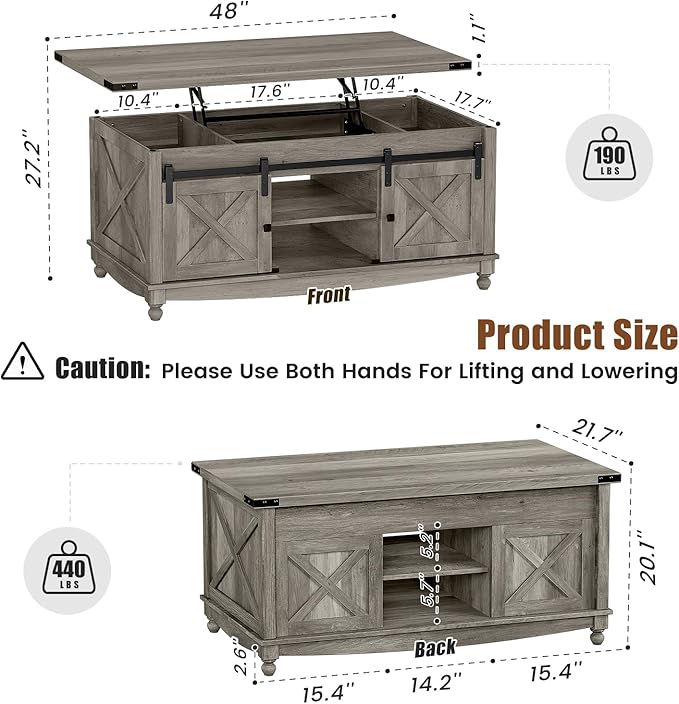 48" Farmhouse Lift Top Coffee Table with Storage Sliding Barn Door & Large Hidden Compartment, Coffee Table with Lifting Top with Wooden Lift Tabletop, Coffee Tables for Living Room, Grey