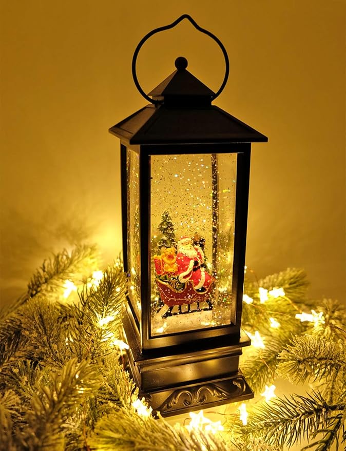 Eldnacele Singing Battery Operated & Plug-in Musical Lighted Christmas Snow Spinning Water Glittering Snow Globe Lantern Home Decoration and Gift, Santa Claus