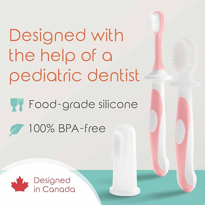 Cherish Baby Care Baby Toothbrush & Toddler Toothbrush Set (0-2 Years) - BPA-Free & Safety-Tested, 2023 Award Winner, Food-Grade Silicone (Pink)