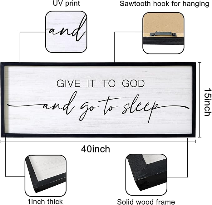 Give It to God and Go to Sleep Decorative Rustic Sign & Plaque Framed Wall Art for Couples, 40''×15'' Cottagecore Wooden Horizontal Wall Decor Above Bed, Vintage Farmhouse Wedding Gift for Bedroom