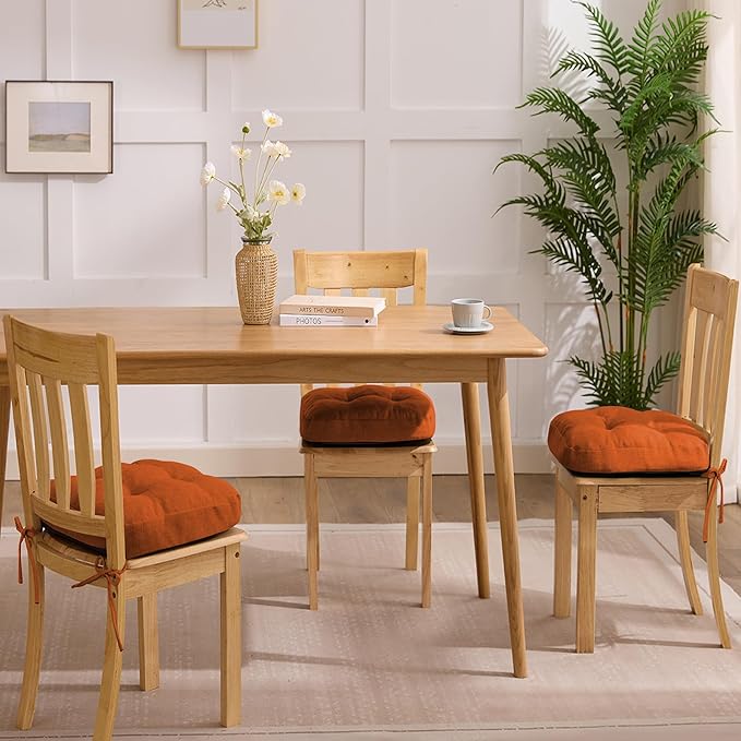 Chair Cushions for Dining Chairs, Dining Chair Cushions, Tufted Indoor Chair Pads with Ties & Non Slip Backing, Seat Cushions for Kitchen Chairs 16.5” x 16.5” x 3.5”, Set of 6, Orange