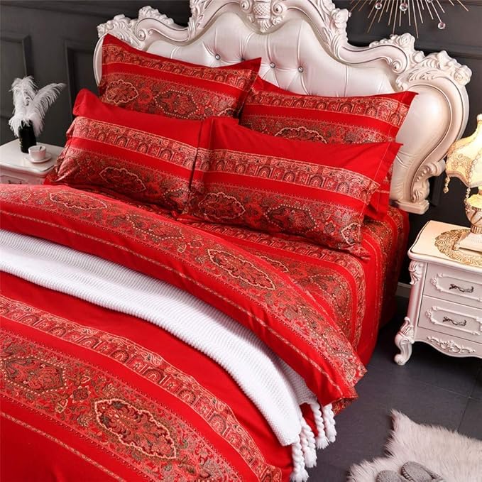 ABREEZE King Duvet Covers, Bohemian Retro Bedding Set, Coloful Mandala Down Comforter Cover, Boho Floral Style Quilt Cover, 100% Brushed Cotton, 1 Duvet Cover and 2 Pillow Shams,Red