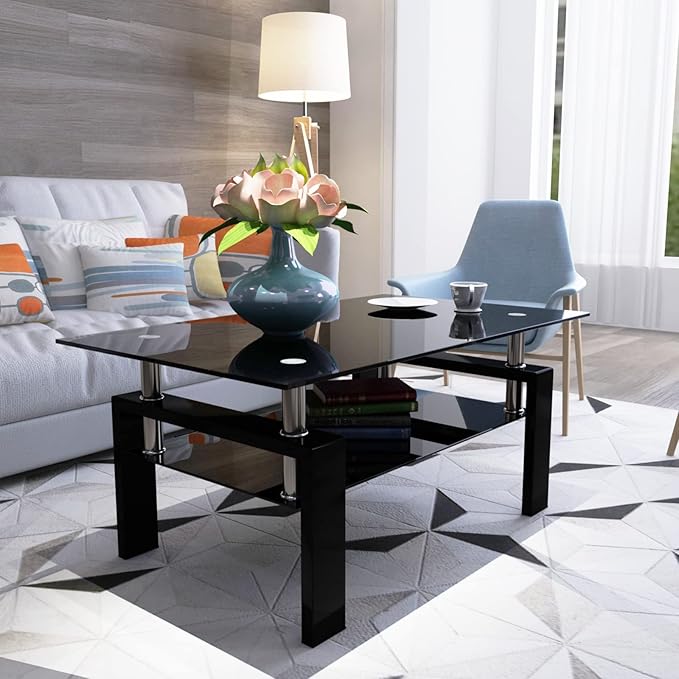 Black Glass Coffee Table for Living Room, Mordern Rectangle Tempered Glass Sofa Center Tables with Black Metal Leg for Home Office