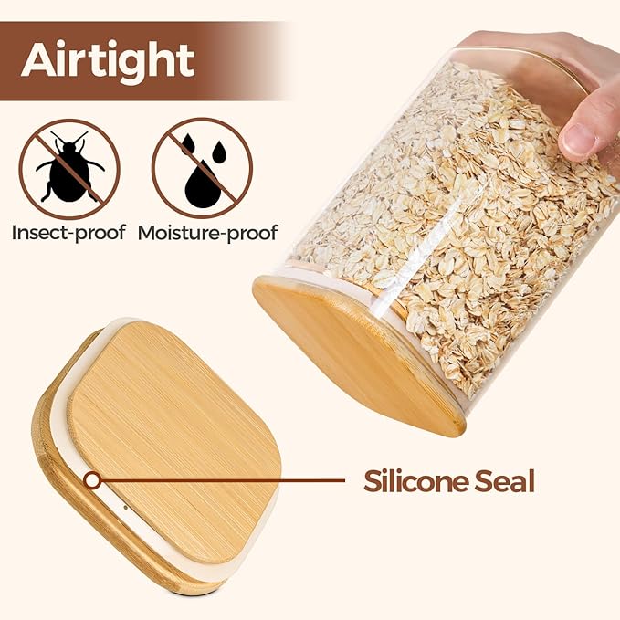 ComSaf Glass Spaghetti Pasta Storage Containers with Lids 2.2 Qt Set of 3, Tall Clear Airtight Food Storage Jar with Lid for Noodles Flour Oat Cereal Sugar Beans, Sqaure Spaghetti Pantry Containers