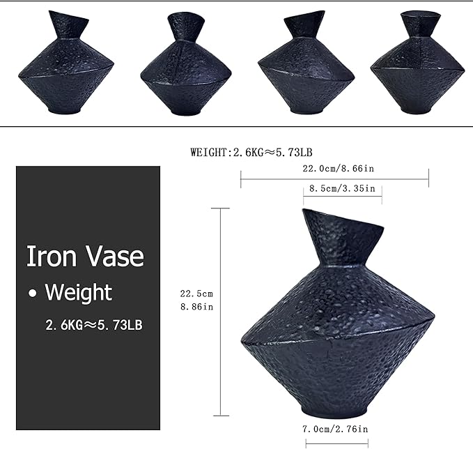 Cast Iron Decorative Vase, Dried Flower Rustic Vases, Wabi Sabi Vase for Modern Home Decor, Living Room, Shelf Decor, Enterway, Wedding, Office, Table, Bedroom, Kitchen, 8.86" H (Black)