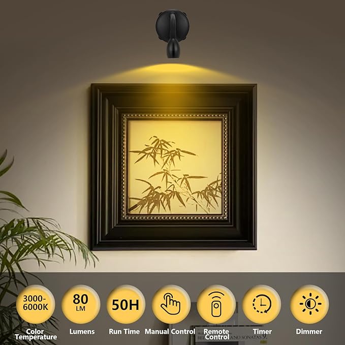 Cordless Spotlight Battery Operated, LED Picture Light, Dimmable Accent Light with Remote, Indoor Stick on Display Lamp for Plant Tree Photo Dartboard Painting Artwork Portrait
