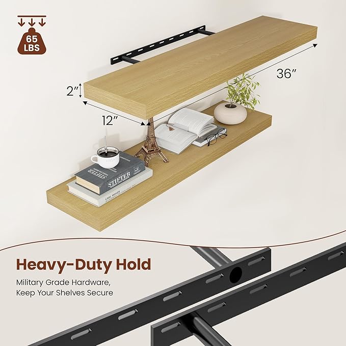 12 Inch Deep Floating Shelves 36 inch Long, 36 x 12 Wide Wall Shelves with Invisible Brackets, Heavy Duty Shelf for Bedroom Bathroom Living Room Kitchen Office Home Decor, Modern Shelf Set of 2, Oak