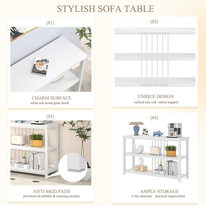 FOLUBAN Modern Sofa Console Table for Entryway, 3 Tier Wood Foyer Table for Hallway Living Room Behind Couch, White Oak