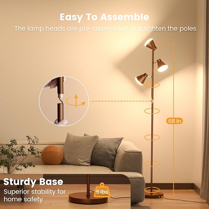 36W LED Tree Floor Lamp, Dimmable Tall Standing Lamp with Remote & Touch Control, 4 Color Temperatures Bright Floor Lamp, 3 Rotatable Light Modern Floor Lamps (Brown)