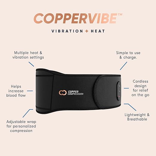 Copper Compression CopperVibe Vibration + Heat Therapy Back Wrap Vibrating Heating Massager Pad for Lower Back Pain Relief, Lumbar Muscles, Herniated Disc - Treatment Brace Device for Women & Men