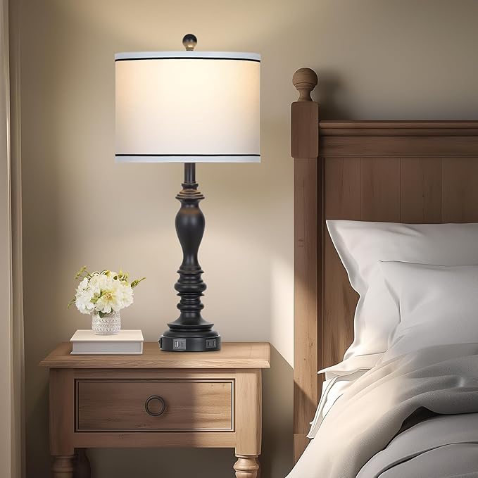 27.5" Farmhouse Table Lamp for Living Room, Black Lamps Set of 2 with USB A+C Ports, Mid Century Tall Table Lamp for Bedroom, Bedside Lamps for Night Stands(2 Bulbs Included)