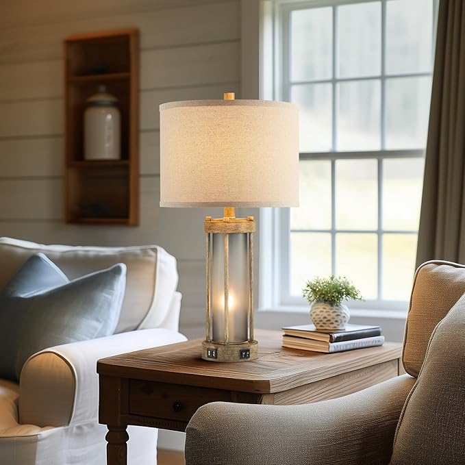 Farmhouse Table Lamps Set of 2 for Living Room, Vintage Bedroom Nightstand Lamp with Dual USB Ports, Bedside Lamp with Frosted Glass Nightlight for End Table Entryway, 4 Bulbs Included (Earthy Gray)