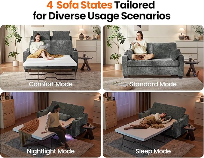 CHIC HOUSE Pull Out Sofa Bed, Full Size Sleeper Sofa, 2-in-1 Convertible Chenille Couch with USB Charging, Memory Form Couch for Living Room, Apartment & Small Space (Dark Grey, Chenille - Full)