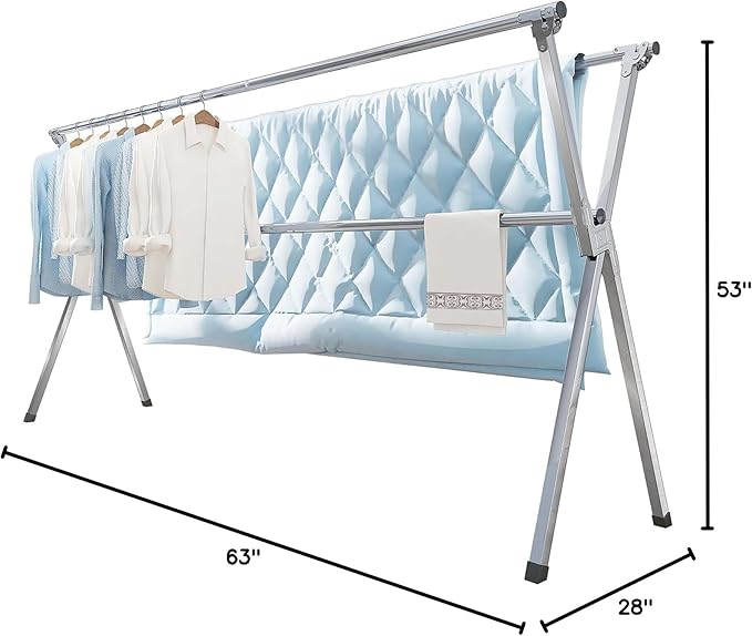 Clothes Drying Rack 63 Inches Folding Indoor Outdoor, Drying Rack Clothing Collapsible, Foldable Portable Laundry Drying Rack, Heavy Duty Laundry Hanger Dryer Rack, with 20 Hooks 12 Clips